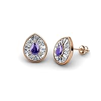 Pear Cut Iolite Baguette Natural Diamond 1 1/8 ctw Women Milgrain Halo Stud Earrings 14K Gold