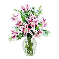 KaBloom PRIME NEXT DAY DELIVERY - Mother’s Day Collection - Holiday Bouquet of Seasonal Red Stargazer Lilies with Seasonal Greens with Vase.Gift for Birthday, Anniversary, Mother’s Day Fresh Flowers