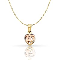 14K Tri Color Gold Sweet 15 Years Quinceanera Heart Charm Pendant with 0.6mm Box Chain Necklace