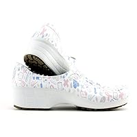 Sticky Printed Colorful Nursing Shoes - Professional Shoes for Women - Nurses Vets CNA LPN RN - Waterproof Non Slip - Comfortable Cleanable Clogs - White