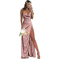 Women's Cowl Neck Satin Bridesmaid Dresses with Slit 2024 Spaghetti Straps Ruched Long Formal Dress XOD060