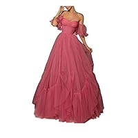 Off Shoulder Tulle Prom Dress Ruffle Sleeve Long Puffy Ball Gowns A Line Formal Evening Party Dress