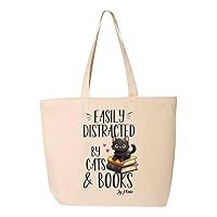 Easily Distracted by Cats and Books Zippered Tote Bag - Book Lover Print Presents - Presents for Cat Lovers