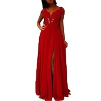 VeraQueen Women's Off Shoulder High Side Split Prom Dresses Open Back Chiffon Sweep Train Formal Party Evening Gown Red