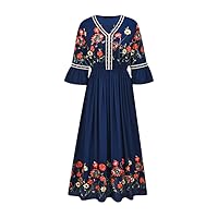 Women's Casual Floral Dress Female Lotus Leaf Sleeve Cotton and Linen Embroidery Flower Dress