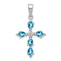 925 Sterling Silver Polished Open back Rhodium Pear Swiss Blue Topaz Religious Faith Cross Pendant Necklace Measures 26x17mm Wide Jewelry for Women