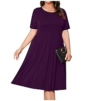 Womens Plus Size Summer Dress Casual Short Sleeve Paletead Waist Loose Boho Dress 2024 Trendy Beach Sundress