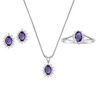 Rylos Matching Jewelry For Women 14K White Gold - February Birthstone- Ring, Earrings & Necklace Amethyst 6X4MM Color Stone Gemstone Jewelry For Women Gold Jewelry