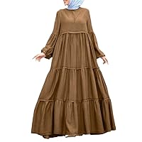 Women Autumn Elegant Ruffles Maxi Long Dress, Casual Loose O Neck Long Puff Sleeve Patchwork Muslim Dress