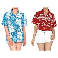 LA LEELA Women's Hawaiian Shirt Casual Button Down Short Sleeve Shirt Work from Home Clothes Women Beach Shirt Blouse Shirt Combo Pack of 2 Size Large