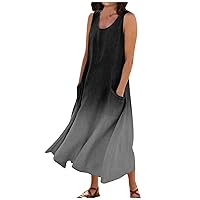 Women's Loose Cotton Linen Solid Plus Size Dress Print Boho Swing Oversized Loose Dress with Pockets