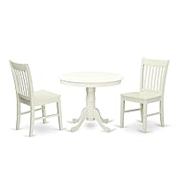 East West Furniture ANNO3-LWH-W 3 Piece Room Furniture Set Contains a Round Dining Table with Pedestal and 2 Wood Seat Chairs, 36x36 Inch
