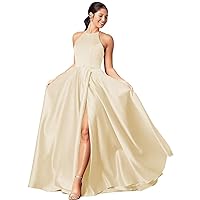 Women's Halter Prom Dresses Long Satin Evening Party Gowns with Pockets A-Line Wedding Guest Dresses