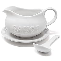 24 Oz Gravy Boat, Tray and Ladle | Ceramic White Gravy Dish With The Word 