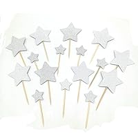 Twinkle Twinkle Little Star Cupcake Toppers Glitter Mini Birthday Cake Snack Decorations Picks Suppliers Party Accessories for Wedding Baby Shower 40PC (Silver)