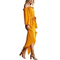 Yellow Maxi Slits Front Dress Asymmetrical Hem Puff Sleeves