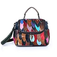 Women’s Multicolor Handbag Leather Purses Colorful Leaves Stitching Shoulder Bag