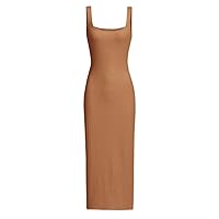 Solid Tank Dress (Color : Brown, Size : X-Small)
