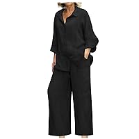 YZHM Women 2 Piece Linen Outfits Loose Casual Lounge Sets Long Sleeve Button Down Shirts and Wide Leg Pants Dressy Work Suits