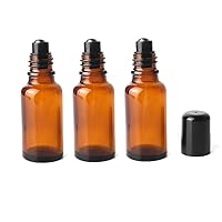 3Pcs 20ML Amber Glass Empty Refillable Roll-On Bottles with Stainless Steel Roller Ball and Black Cap Essential Oil Perfume Eye Essence Fluid Cosmetic Containers Dispense Sample Vials for Beauty