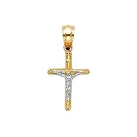 Solid 14k Yellow White Gold Jesus Cross Charm Crucifix Pendant Beaded Edge Two Tone 15 x 10 mm