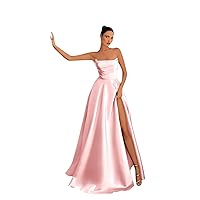 Women's Long Strapless Satin Prom Dresses Sleeveless Split Corset Back Evening Party Gowns with Pockets
