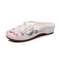 Summer Women Gauze Cotton Embroidered Flat Mules Slippers Comfortable Round Toe Casual Home Slides Shoes