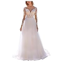 Women's Tulle A Line Wedding Dress for Bride with Sleeves V Neck Lace Applique Floor Lenght Backless Wedding Gown