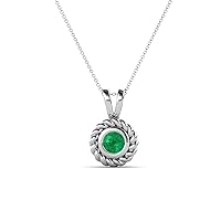 Round Emerald 1/5 ct Womens Rope Edge Bezel Set Solitaire Pendant Necklace 16 Inches 925 Sterling Silver Chain