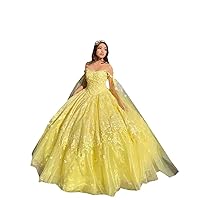 Ball Gown Quinceanera Prom Dresses Yellow with Cape 3D Lace Flower Tulle Sweet 15 Wedding Dress 2024