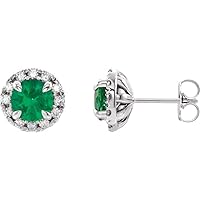 Emerald and 1/3 Cttw Diamond Stud Earrings (9.4mm x 9.4mm) (.33 Cttw)