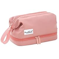 Travel Makeup Bag, Double Layer Cosmetic Bag with Brush Organizer, Portable Zip Toiletry Bag with Compartments, Travel Makeup Pouch Case for Women and Girls(Pink)