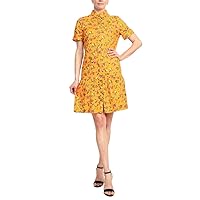 Donna Morgan Collared High Neck Button Down Folded Short Sleeve Multi Print Cotton Blend Dress with Pockets Amber RED / 2