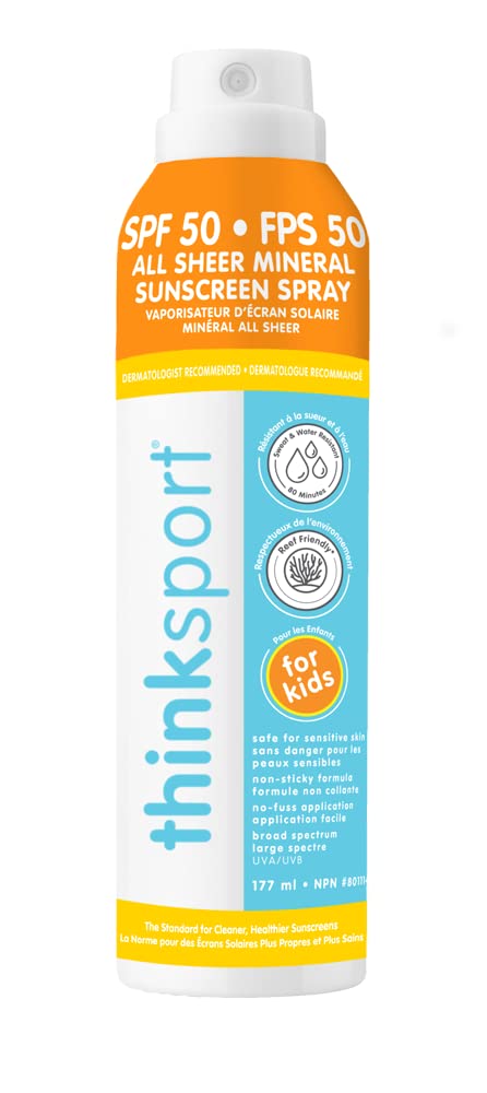 Thinksport Kids SPF 50 All Sheer Mineral Sunscreen Spray – Clear Baby and Toddler Sunscreen Lotion – Safe, Natural Zinc Oxide UVA/UVB Sun Protection, 6 Fl oz