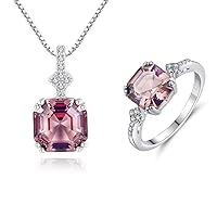 Purmy Jewelry Set Silver 925 with Stones Morganite, 3Pcs Solitaire Pendant Earrings Fashion Simple Jewellery