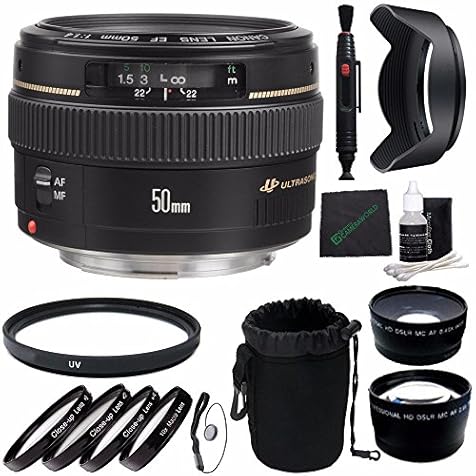 Canon EF 50mm f/1.4 USM Lens + 58mm +1 +2 +4 +10 Close-Up Macro Filter Set with Pouch + 58mm Multicoated UV Filter + SLR Lens Pouch + Lens Cleaning Pen + Lens Hood + Cleaning Cloth Bundle 6