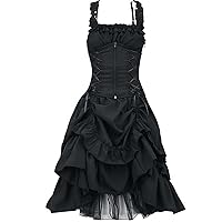Women's Sleeveless Long Gothic Dress Steampunk Strappy Layers Dress Zipper Corset Square Neck Ruffled Lace Dress