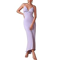 whoinshop Women's V Neck Ruched Backless 2023 Summer Sexy Prom Bodycon Dress Elegant Cocktail Maxi Dress