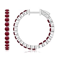 925 Sterling Silver Ruby Brilliant Cut Round 2.00mm Hoop Earrings With Rhodium Plated.