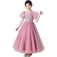 Princess Sparkle Tulle Dress Girls Sequin Dresses Puff Sleeves Bridesmaid Dance Wedding Pageant Ball Gown