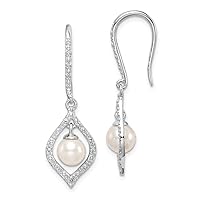 925 Sterling Silver Dangle Polished Shepherd hook Rhodium Plated Diamond and Freshwater Cultured Pearl Earrings Measures 39x11mm Wid Jewelry for Women