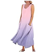 Summer Dresses for Women 2024,Plain Linen Dress for 2024 Summer Casual Vacation Cami Top Solid/Print Maxi Pocket Dress Plus Size