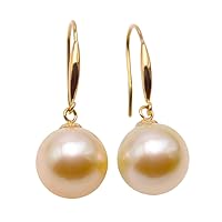 JYX Pearl 18K Yellow Gold Dangle Earrings AAA+ Quality Elegance Genuine 9.5-10mm Round Golden Southsea Cultured Pearl Drop Earrings for Women