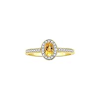 Halo Ring with Diamond & Birthstone - 6X4MM Oval Gemstone Yellow Gold Plated Silver - Elegant Jewelry for Women - Available in Sizes 5-10