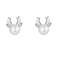Hmzidz Antler Pearl Earrings for Women,925 Sterling Silver Small Natural Freshwater Pearl Studs,Pearl Post Earrings Hypoallergenic,Cute White Pearl Studs Jewelry Gift For Girls Women