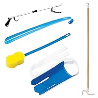 5 Piece Hip Kit - Hip Kit for Total Hip Replacement - Includes Metal Grabber Reacher Tool, Long Handled Shoe Horn, Sock Slider Sock Aide, Shoe Horn, Long Handled Bath Sponge, and Dressing Stick