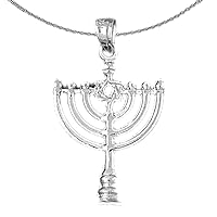 Gold Menorah Necklace | 14K White Gold Menorah with Star of David Pendant with 18