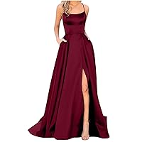 Womens Elegant Prom Dress Spaghetti Strap Corset Solid Color Elastic Satin Slit Maxi Dresses Wedding Guest Dress
