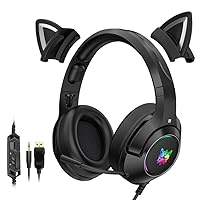 YTFU Stereo Gaming Headset with Mic for PC/PS4/PS5/Xbox One,Wired Gaming Headphones with RGB LED Light,Noise Cancelling Over-Ear Headset with Surround Sound,Detachable Cat Ear Headphones for Boys Men
