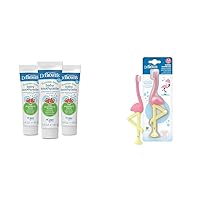 Dr. Brown's Fluoride-Free Baby Toothpaste, Infant & Toddler Oral Care, Strawberry, 3-Pack, 1.4oz/40g, 0-3 Years & Baby and Toddler Toothbrush, Flamingo 1-Pack, 1-4 Years